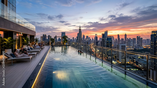 Luxury infinity pool overlooking a modern city skyline at sunset with infinity swimming architecture building twilight vacation lifestyle panorama
