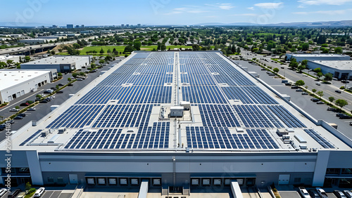 Aerial view of large commercial warehouse roof covered with solar panels for renewable energy generation warehouse renewable industrial sustainability electricity building