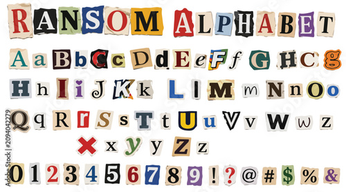 Canvastavla Ransom alphabet vector set, colorful cut out letters from newspaper and magazine