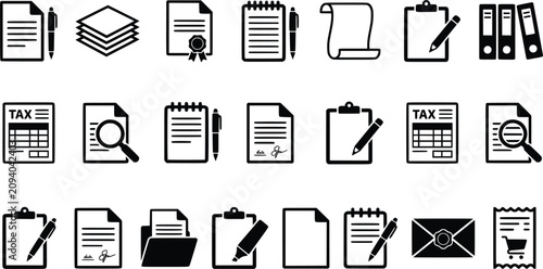Office document icons with pens and magnifying glass on white background in clean vector style