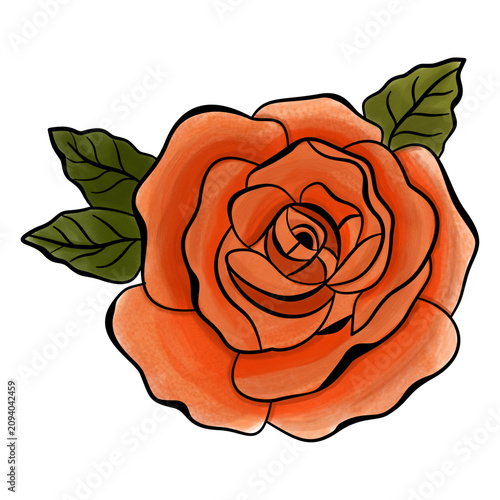 Beautiful terracotta rose flower illustration with gouache brush texture.