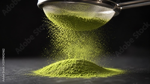 Matcha tea powder sifting through a mesh sieve