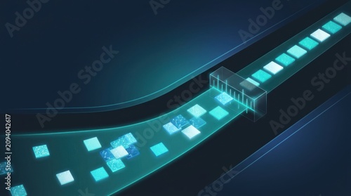 Business data validation flow transforming uneven digital packets into a standardized teal output stream on dark technology background with wide copy space