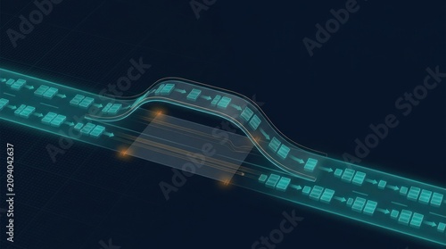 Business data flow continuity with elevated bypass route maintaining transaction throughput across a processing interruption on dark blue technology background with copy space