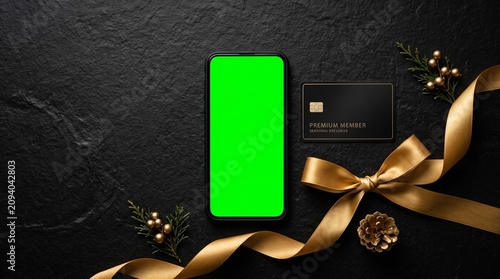 Premium membership gift card and smartphone with green screen on dark textured background with golden ribbon and festive decor concept.