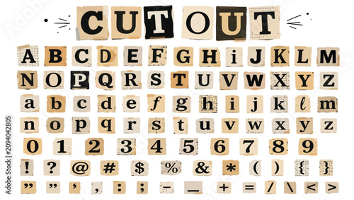 Fotografía Vintage cutout alphabet vector set, ransom note style letters and numbers, paper