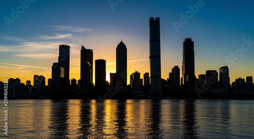 City skyline silhouetted against sunset with water reflections
