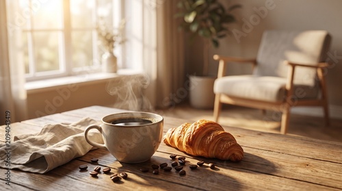 A Cozy Morning Breakfast Scene Featuring A Fresh Croissant With Steaming Hot Coffee On A Rustic Wooden Table 