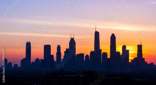 Cityscape silhouette against vibrant sunset sky with wispy clouds