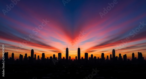 Cityscape silhouette against vibrant sunset sky with dramatic clouds