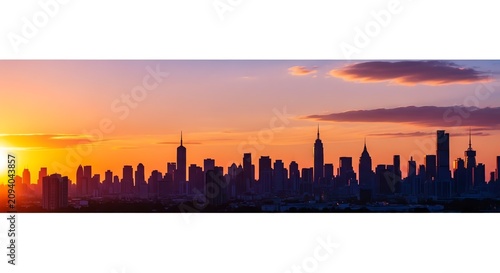 Cityscape skyline at sunset with orange and purple clouds