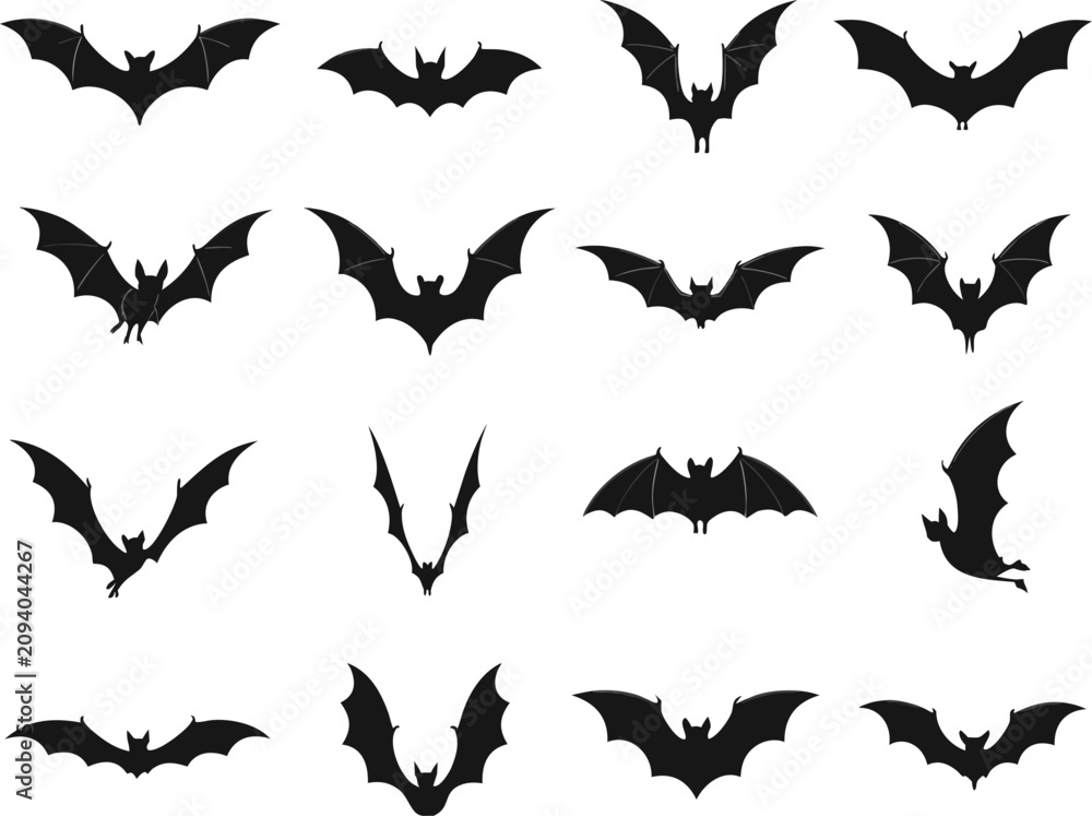 Fototapeta premium Halloween Bat Silhouettes Set Flying Black Bat Icons Collection Isolated on White Background