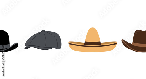 Slika na platnu Vector set of various hat styles including bowler newsboy and cowboy