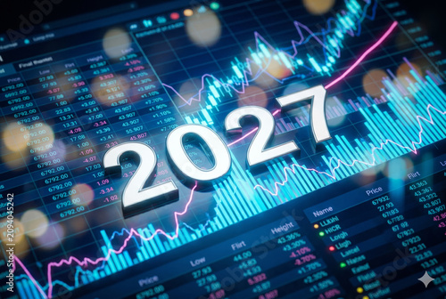 Financial market stock chart data forecast 2027 outlook digital graph with glowing optimistic
