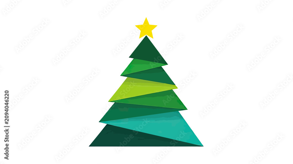 Fototapeta premium Geometric green tree with yellow star on white background