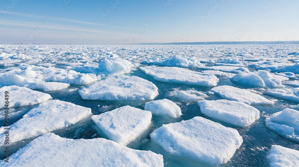 Obraz premium Vast Arctic Ice Floes Under a Clear Blue Sky, Frozen Ocean Surface in a Cold, Remote Wilderness Landscape