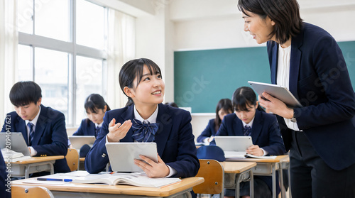 Obraz na płótnie タブレット端末（デジタル教科書）を使いながら先生に質問をする女子生徒 ICTを使った日本の学校の授業イメージ