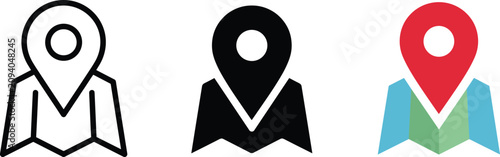 Quadro su tela Map location pin icon set in outline, silhouette, and colorful styles for naviga