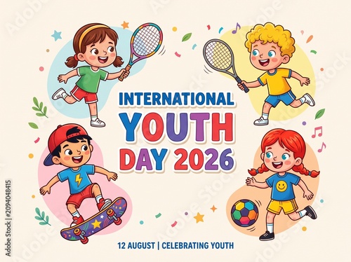International youth day 2026 greeting card with cute cartoon children playing tennis, soccer, and skateboarding in a festive colorful scene.