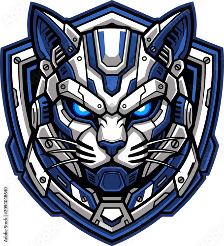Cyberpunk Mecha Cat Mascot Logo with Orange Armor and Shield