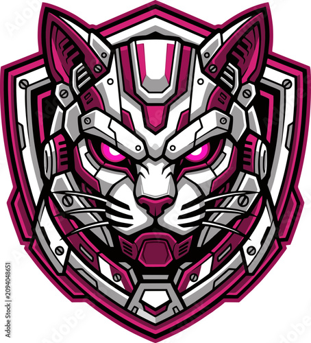 Cyberpunk Mecha Cat Mascot Logo with Orange Armor and Shield