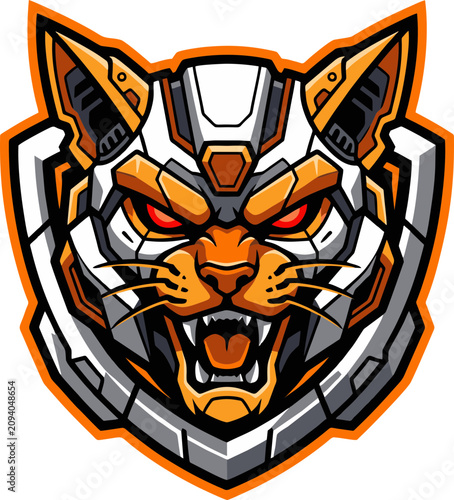 Cyberpunk Mecha Cat Mascot Logo with Orange Armor and Shield