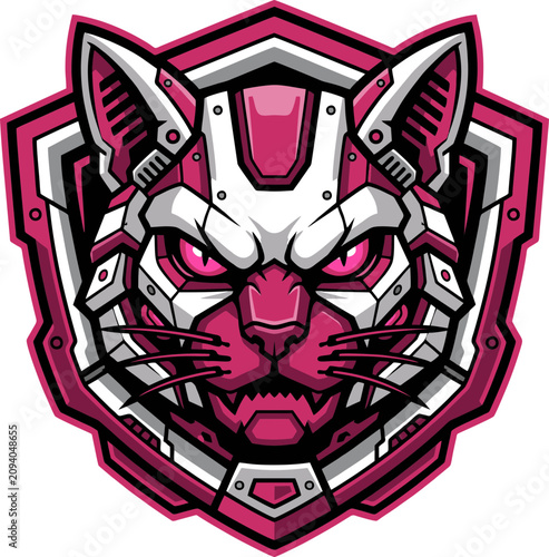 Cyberpunk Mecha Cat Mascot Logo with Orange Armor and Shield