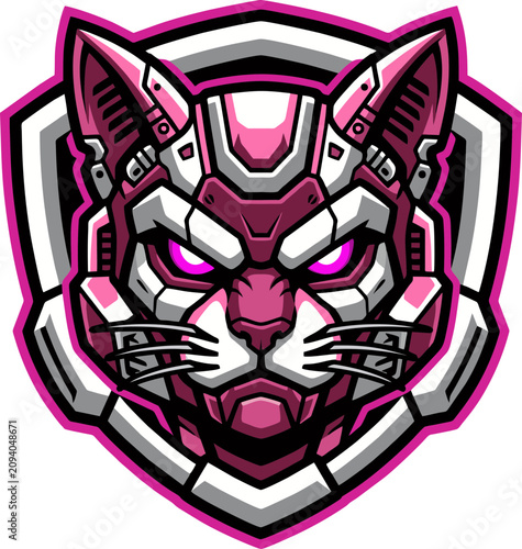 Cyberpunk Mecha Cat Mascot Logo with Orange Armor and Shield