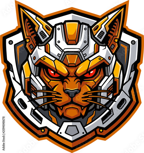 Cyberpunk Mecha Cat Mascot Logo with Orange Armor and Shield