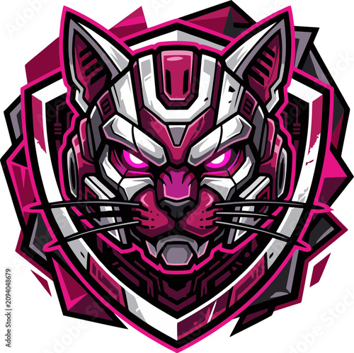Cyberpunk Mecha Cat Mascot Logo with Orange Armor and Shield