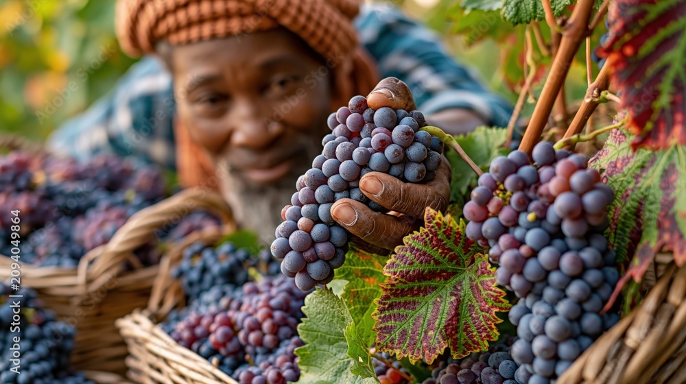 Fototapeta premium Smiling Farmer Harvests Ripe Red Grapes in Vineyard Basket During Autumn Season