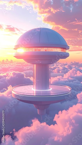 Futuristic Cloud Tower at Sunset Sky.