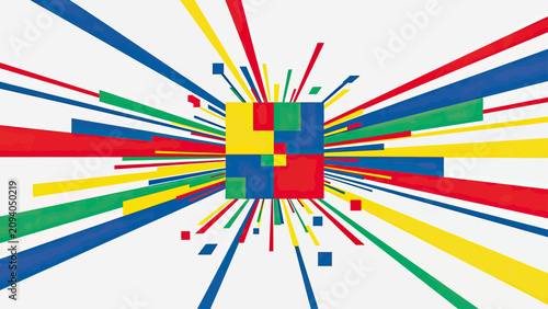 Exploding geometric shapes in red, blue, yellow, and green burst from a central square