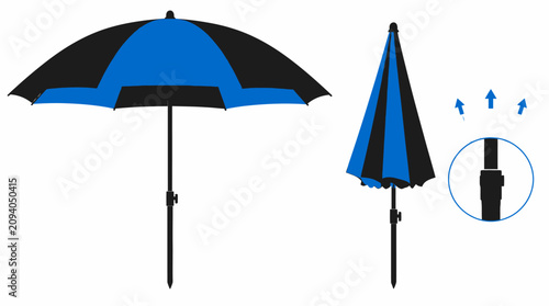Foto Blue beach umbrella in open and closed positions.