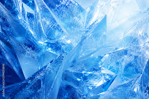 Abstract blue ice texture with sharp crystalline patterns, frozen winter background for creative design