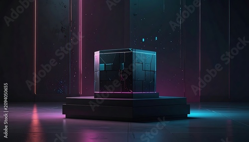 Futuristic cube on a dark pedestal.