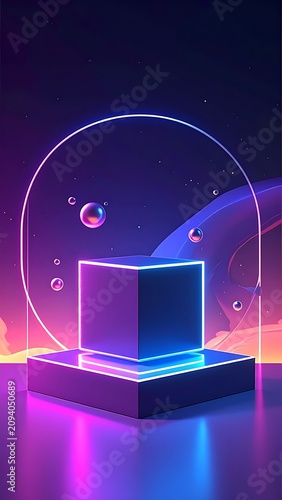 Futuristic cube in glowing neon light.