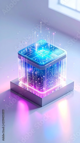 Futuristic cube with neon glowing effect.