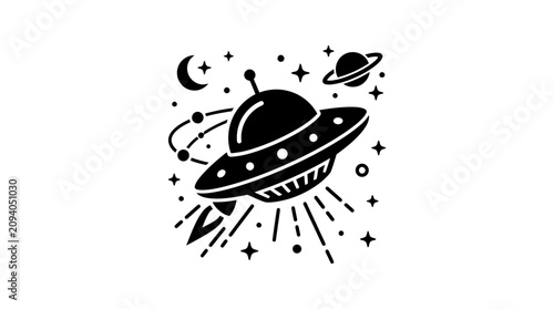 Retro flying saucer UFO with planet and stars, black and white vector illustration