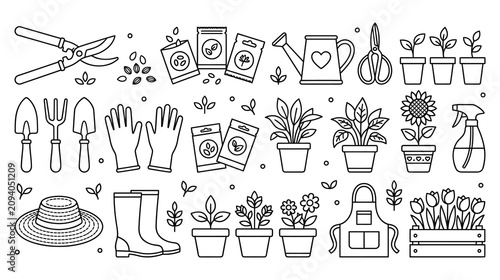 фотографія Gardening tools and plants outline vector illustration set for home garden hobby