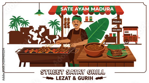 Quadro su tela Indonesian street food vendor grilling satay at market stall.