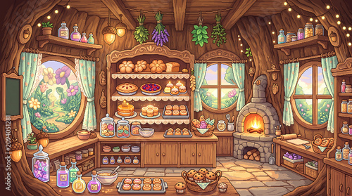 Cozy wooden treehouse bakery interior featuring fresh rustic pastries and glowing warm ambient fairy lights