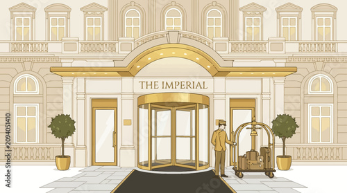 Tableau sur toile Luxury hotel entrance with bellhop and luggage trolley.