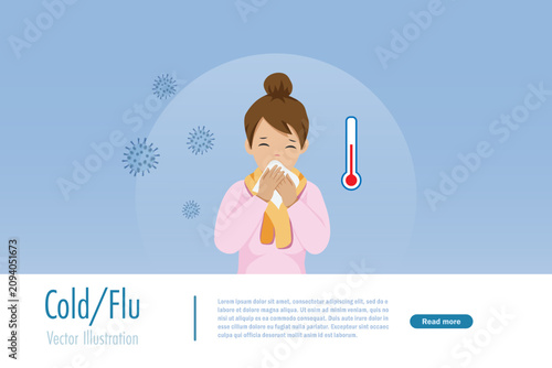 Woman in scarf feeling sick with high fever from cold or flu with thermometer aside. Vector.