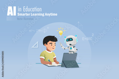 AI chat robot assist boy doing homework on computer. Artificial intelligence as smart assistant for student, education innovation technology concept. Vector.