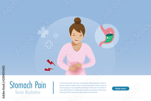 Woman suffering from stomach pain or Gastroesophageal Reflux Disease GERD. a chronic digestive condition. Vector.
