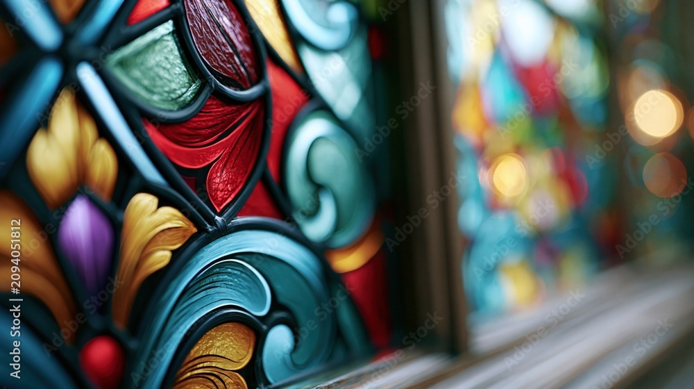 Fototapeta premium Vibrant Stained Glass Window Panel with Intricate Colorful Patterns and Soft Bokeh Background