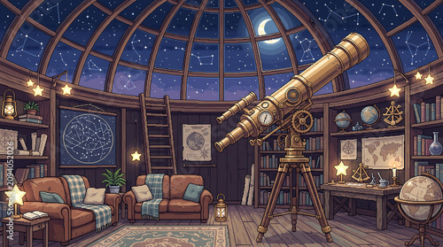 Antique brass telescope stands inside a cozy wooden observatory room under a bright starry night sky