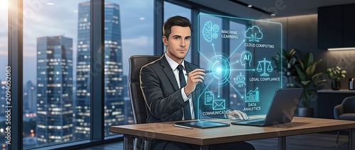 Professional businessman using futuristic technology interface in modern office with cityscape view focusing on data analysis and innovative solutions