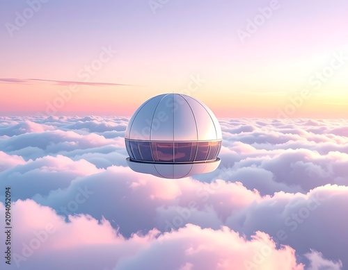 Futuristic dome above the clouds at sunrise.